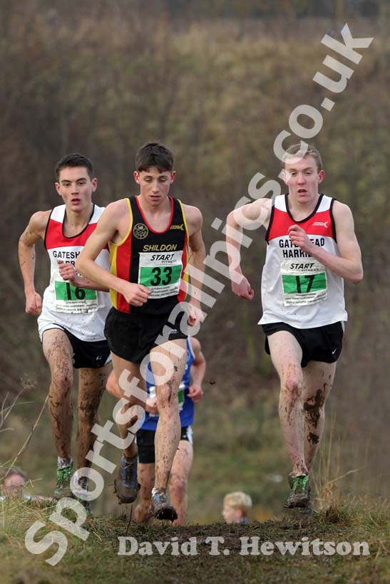 No 16 Lewis Hogg (Gateshead) 3rd, 33 Cameron Boyek (Shildon) 2nd and winner Callum Johnson (Gateshead) under-20 men 2012 North East Championships, Summerhill Country Park, Hartlepool.